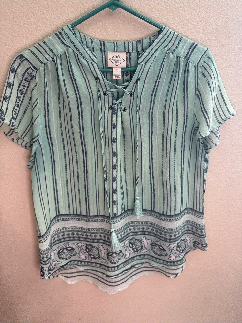St. John's Bay Mint & Navy Striped Lace-Up Blouse